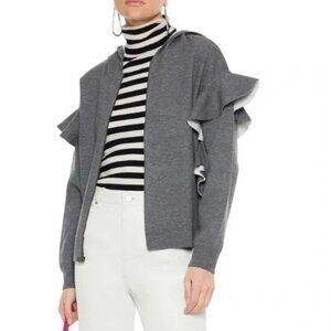 Alice Olivia Harris Gray Jersey Ruffle Full Zip Hoodie Sweater Womens Size Small